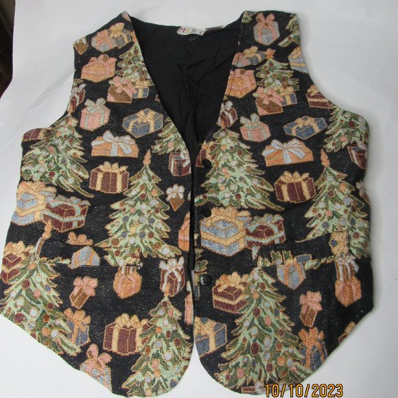 Vtg MLNY Christmas Vest Womens Lg Christmas Tree Button Up Black Retro Unique - Picture 1 of 7